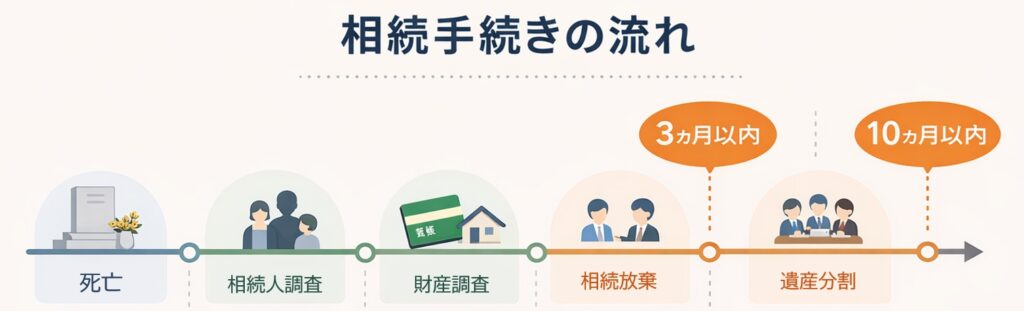 相続手続きの流れと期限（3ヶ月の相続放棄・10ヶ月の相続税申告）を時系列で示した図解