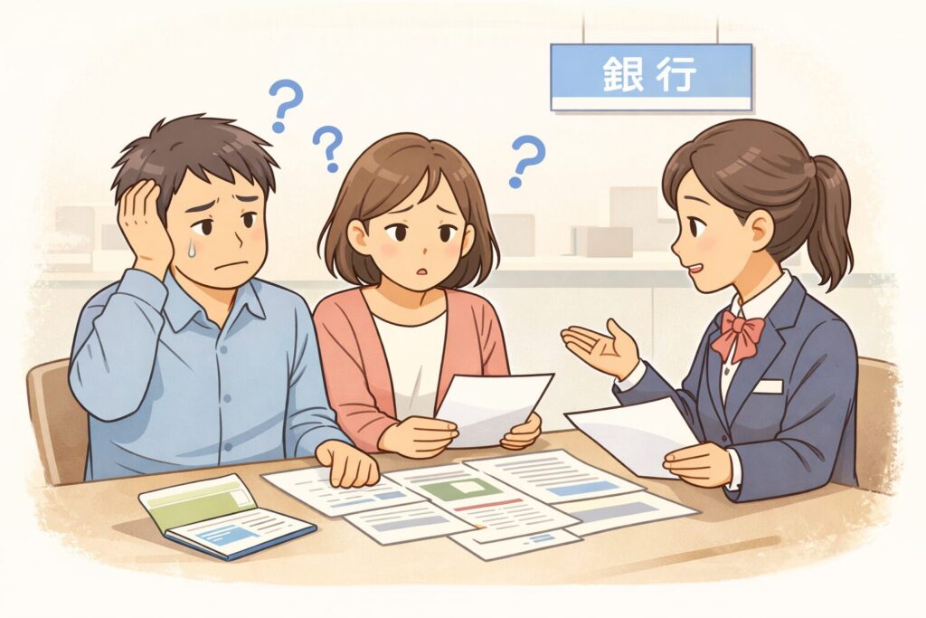 銀行窓口で相続手続きが進まず、書類を前に困惑する日本人の男女が銀行員と話している様子