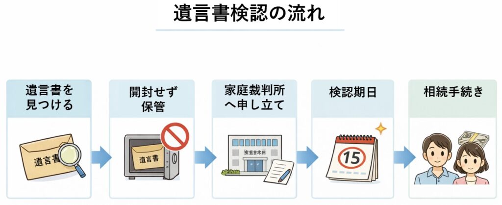 遺言書の検認手続きの流れを示した図(発見から相続手続きまでのステップ)