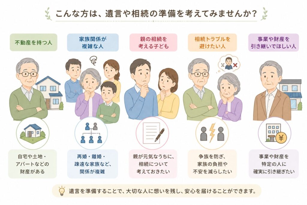公正証書遺言や相続対策を検討すべき人の例を示した図解（不動産所有・家族関係が複雑・親の相続を考える子どもなど）