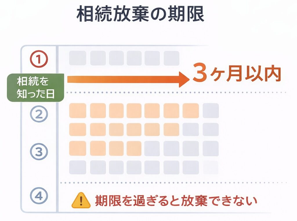 相続放棄の期限を示した図解。相続を知った日から3ヶ月以内に手続きが必要で、期限を過ぎると放棄できないことを説明
