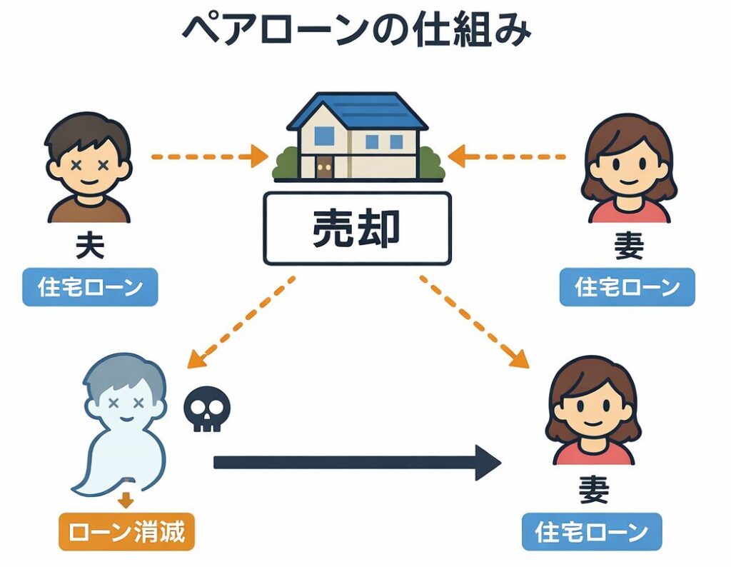 ペアローンの仕組みと、夫婦のどちらかが死亡した場合の影響を示す図。夫と妻がそれぞれ住宅ローンを組んでいる状態から、夫が死亡すると夫のローンは消滅し、妻の住宅ローンだけが残る流れを矢印で表している。