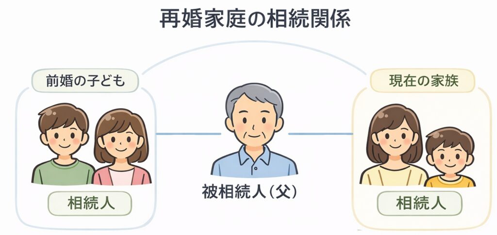 再婚家庭の相続関係を示す図解。前婚の子どもと現在の妻およびその子どもがすべて相続人になることを説明したインフォグラフィック