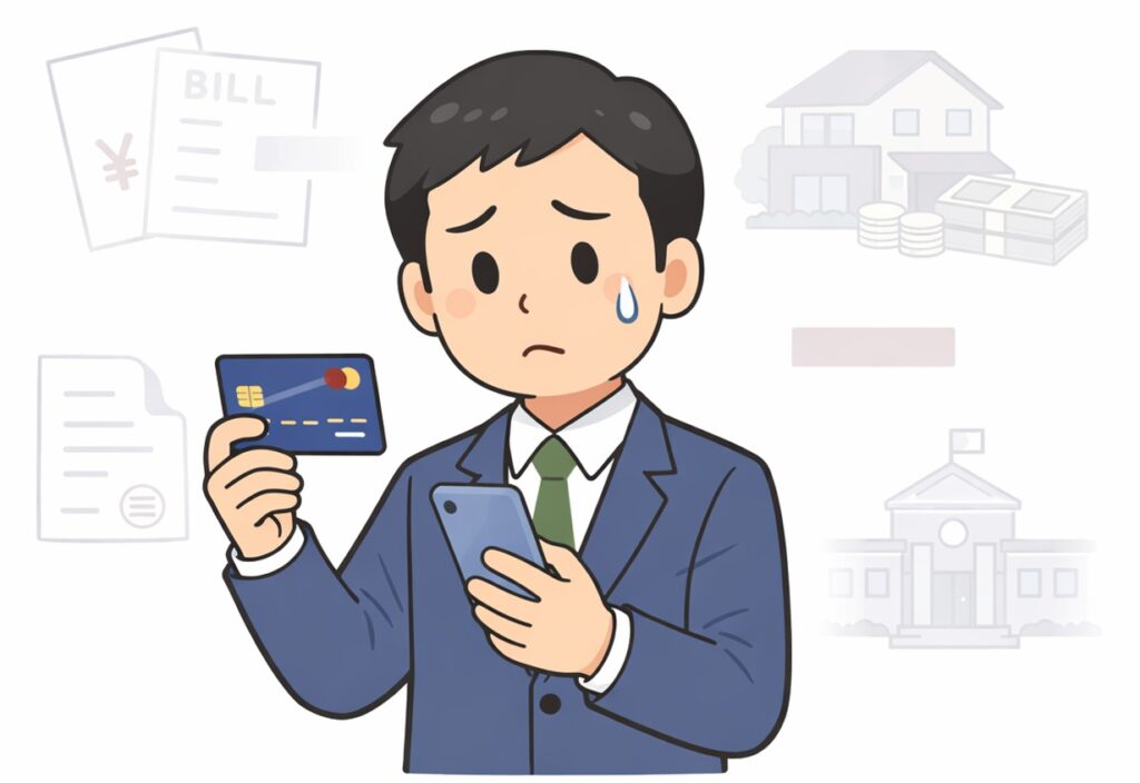 クレジットカードやスマートフォンを使う日本人男性の背後に、見えにくい借金や請求のアイコンが浮かんでいるイラスト