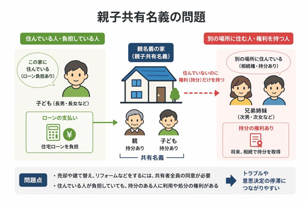 親子共有名義の不動産における問題を示す図。家に住んで住宅ローンを負担している子どもと、別の場所に住みながら持分や相続権を持つ兄弟姉妹を対比して表示している。住んでいない人にも持分の権利があるため、売却や活用には共有者全員の同意が必要となり、意思決定が難しくなることを示している。