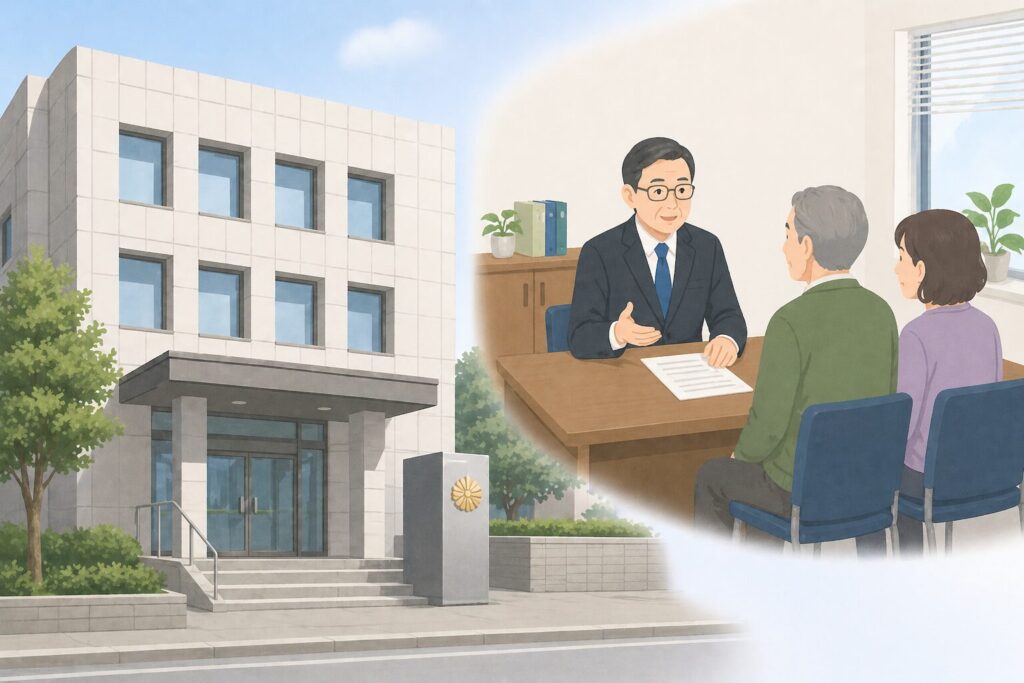 日本の公証役場の外観と相談風景のイラスト。公的機関の建物と、専門家が高齢の依頼者に説明している様子