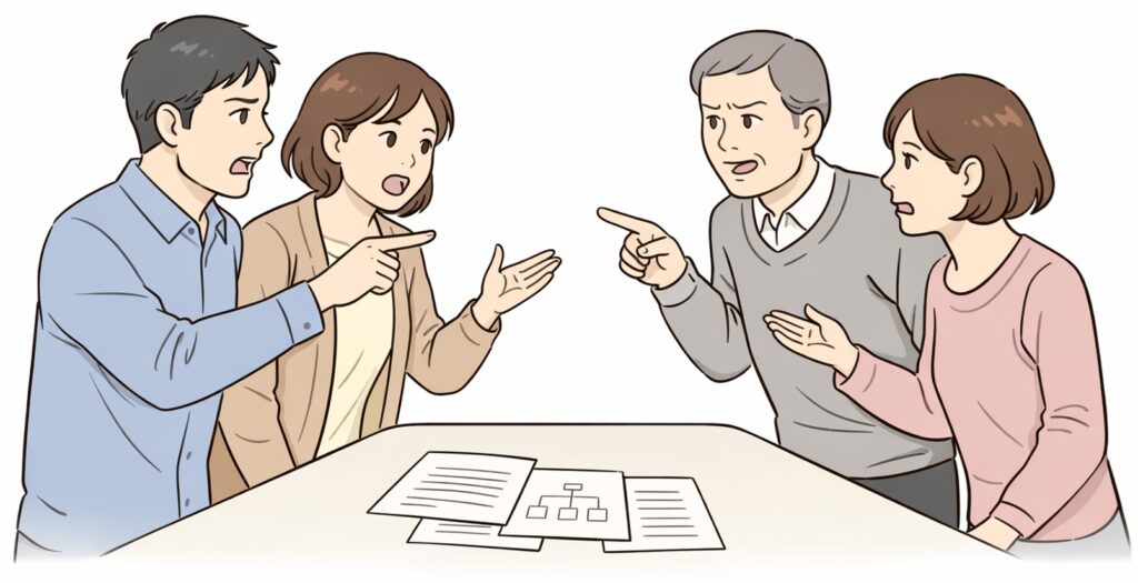 相続をめぐり家族が話し合いの中で口論している様子のイラスト。書類を前に意見が対立している