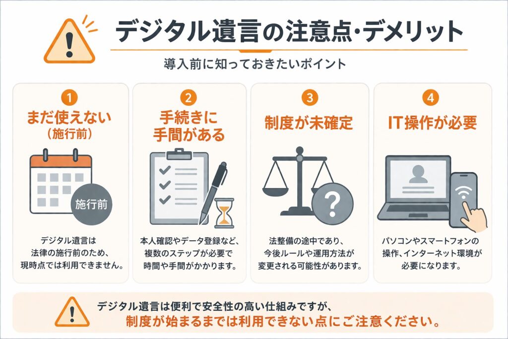 デジタル遺言の注意点とデメリットをまとめた図解。施行前・手続きの手間・制度未確定・IT操作が必要な点を解説