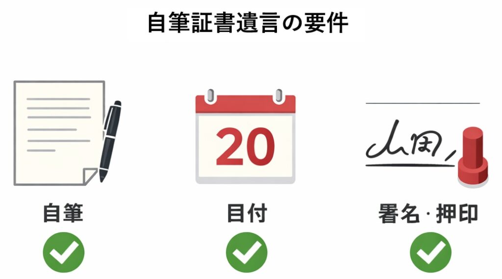 自筆証書遺言の要件を示す図解。自筆・日付・署名押印の3つの条件をアイコンとチェックマークで分かりやすく説明したインフォグラフィック。