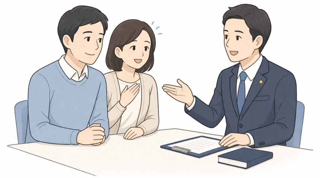 専門家に相談し、安心した表情で話を聞いている日本人の男女のイラスト