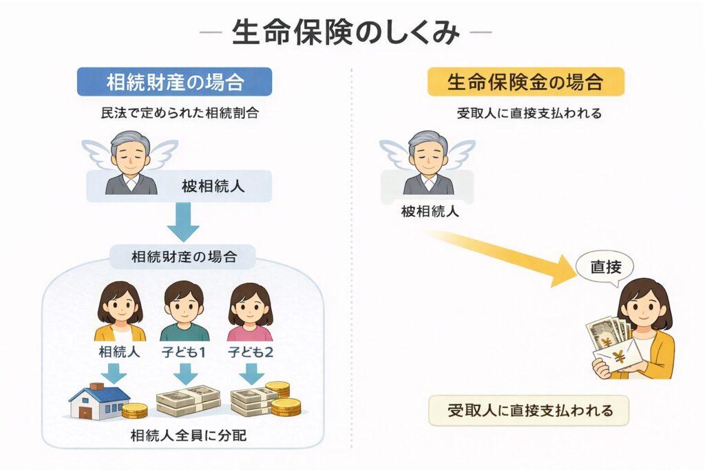 相続財産と生命保険の違いを示す図解。左は被相続人の財産が相続人全員に分配される流れ、右は生命保険金が受取人に直接支払われる流れを一本の矢印で示している。