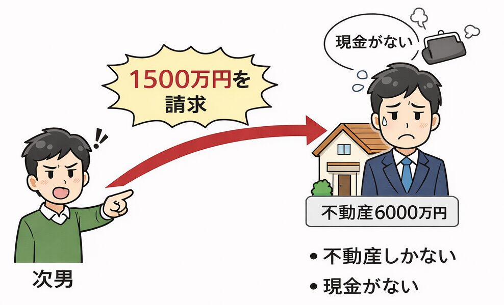 相続トラブルの図解。次男が1500万円を請求し、不動産6000万円しか持たない長男が現金不足で困っている様子