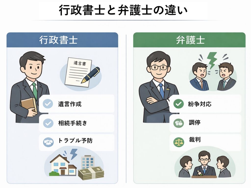 行政書士と弁護士の違いを比較した図。行政書士は遺言作成や相続手続き、トラブル予防を担当し、弁護士は紛争対応や調停、裁判を担当することを左右で整理している。