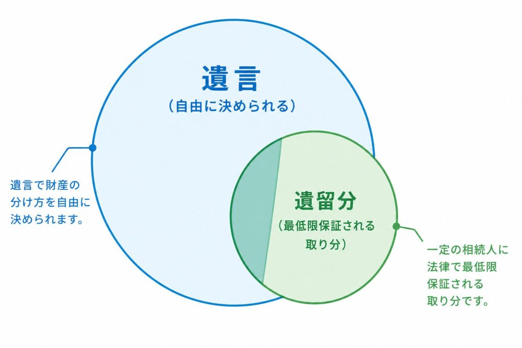 遺言と遺留分の関係を示す図解。大きな円の「遺言（自由に決められる）」の一部に、「遺留分（最低限保証される取り分）」が重なって表示されている