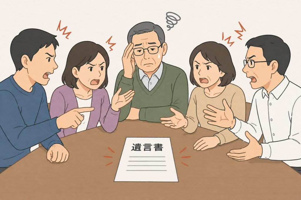 遺言書をめぐり家族がテーブルを囲んで言い争いをしている様子のイラスト