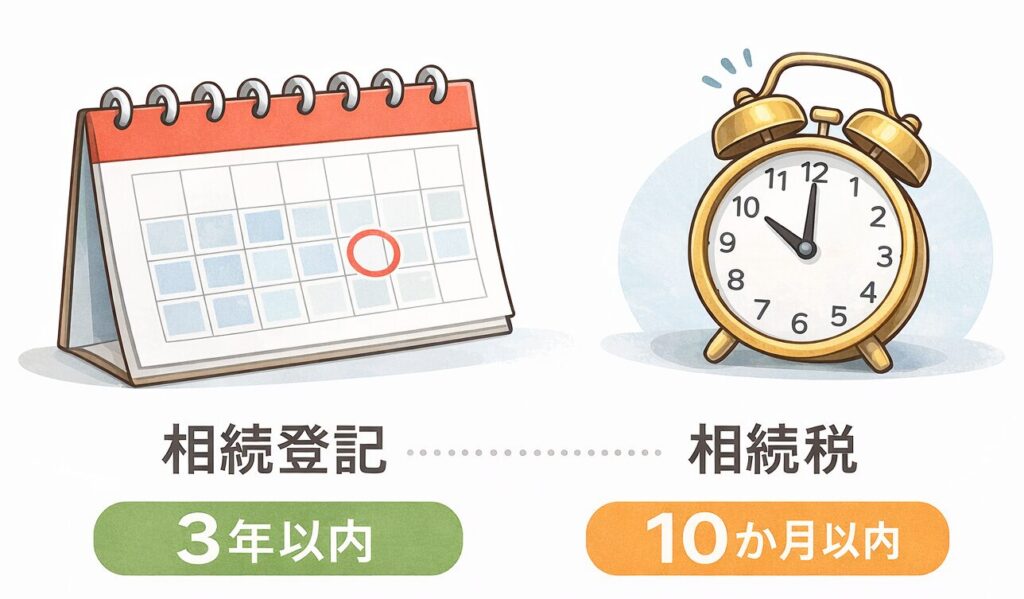 相続登記は3年以内、相続税申告は10か月以内の期限を示した図解