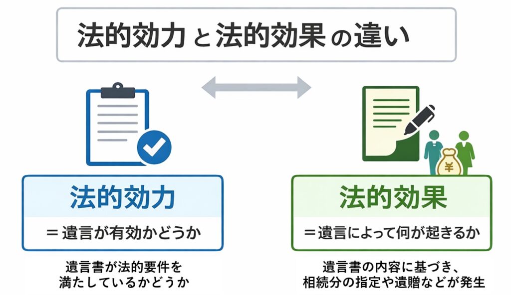 法的効力と法的効果の違いを比較した図解。遺言の有効性と、遺言によって生じる相続や遺贈などの結果を対比して説明