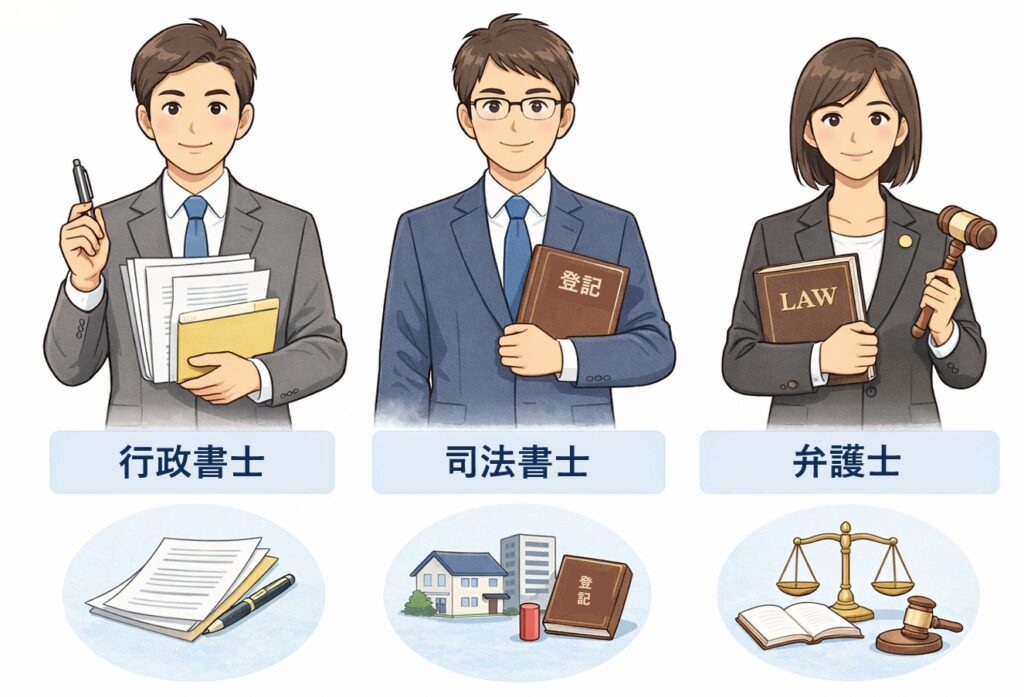 行政書士・司法書士・弁護士の3人の専門家が並び、それぞれの業務内容を象徴するアイテムを持っている比較イラスト