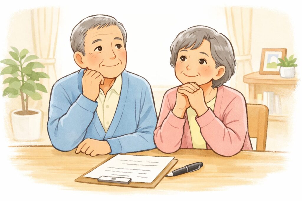 高齢の日本人夫婦がテーブルで書類を前に、穏やかな表情で将来について話し合っている様子
