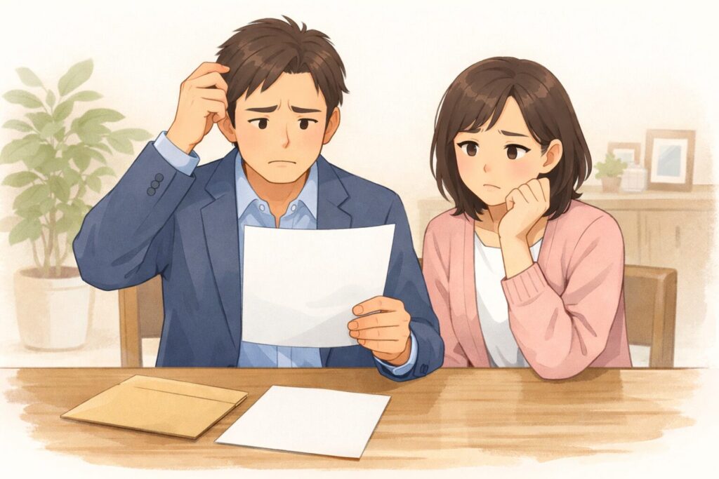 遺言書を手にして内容に戸惑う日本人の男女が、テーブルの上の封筒と書類を見ながら不安そうにしている様子