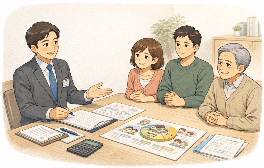 行政書士などの専門家が日本人の家族に相続について説明している様子。テーブルに書類を広げ、家族が安心した表情で話を聞いている