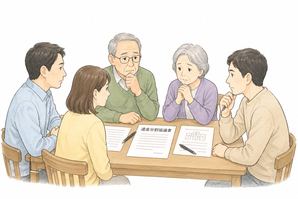 相続について話し合う日本の家族。ダイニングテーブルを囲み、親と子どもが書類を見ながら穏やかに相談している様子