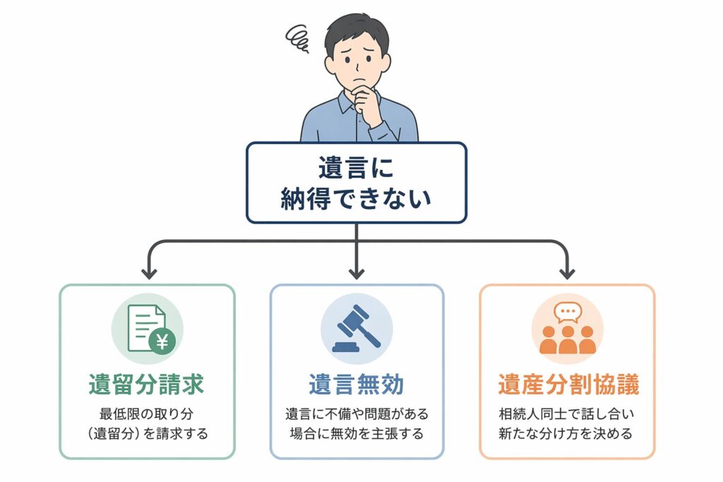 遺言に納得できない場合の対応方法として、遺留分請求・遺言無効・遺産分割協議の3つの選択肢に分岐する図解