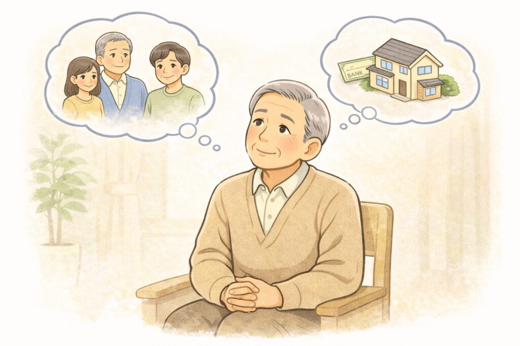 将来や財産の行き先について一人で考えている高齢の日本人男性のイラスト