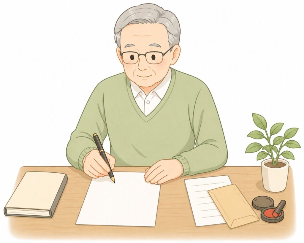 高齢の男性が机に向かい、白紙の書類にペンで遺言書を作成している様子のイラスト