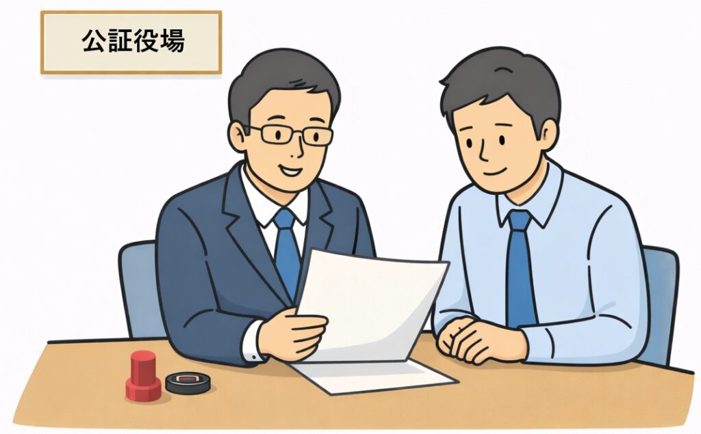 公証役場で遺言書を作成している様子のイラスト。公証人と相談者が書類を確認している場面を分かりやすく表現している。
