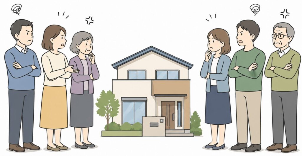 不動産を中心に家族が対立している様子のイラスト。家を挟んで複数の人物が距離を取り、緊張した表情で向き合っている