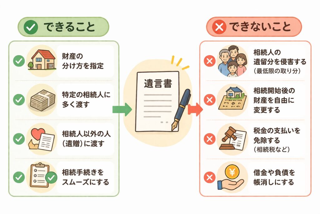 遺言書でできることとできないことを整理した図解。財産分配の指定など可能なことと、遺留分の侵害や税金免除などできないことを対比している。