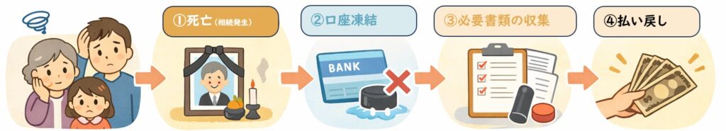 ゆうちょ銀行の相続手続きの流れを示す図解。死亡後に口座凍結が行われ、必要書類を収集し、相続手続きを経て払い戻しに至るまでの流れを分かりやすく説明したインフォグラフィック。