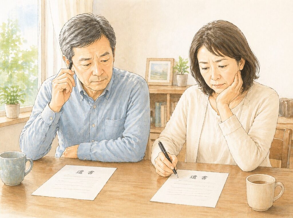 50代から60代の日本人の男女が静かな部屋でテーブルに向かい、遺言書を書こうとしながら悩んでいる様子