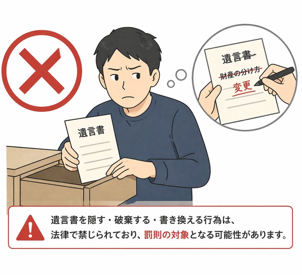 遺言書を隠す・書き換える行為が禁止されていることを示す警告イラスト