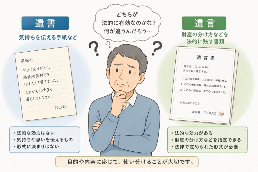 「遺書」と「遺言」の違いに迷う日本人男性。左に手紙風の遺書、右に正式な遺言書があり、どちらを選ぶべきか考えている図解