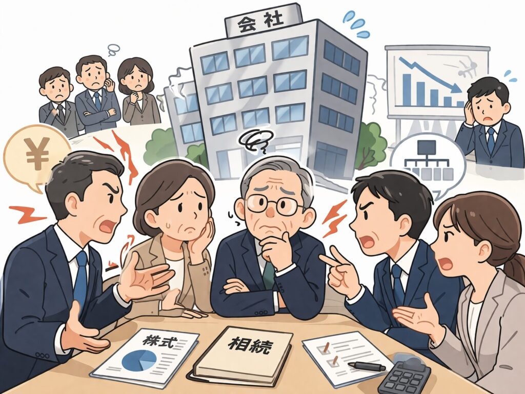 会社の相続をめぐり、スーツ姿の家族が口論している様子と、背景で傾いた会社や困っている社員が描かれたトラブルを示すイラスト