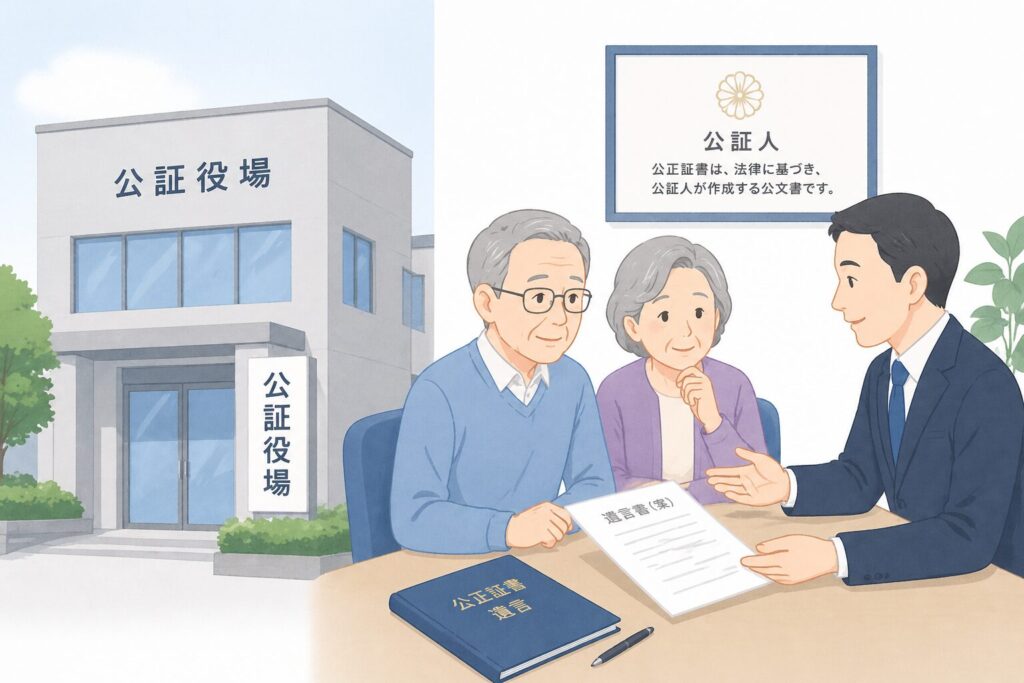 公証役場で公証人に相談しながら公正証書遺言の内容を確認している高齢者の様子