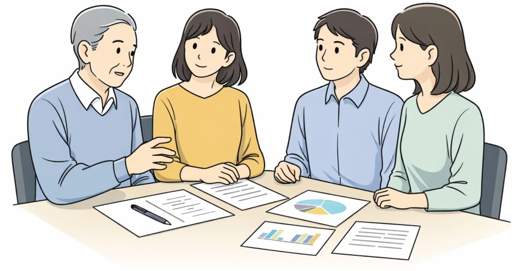 遺産分割協議で家族がテーブルを囲み話し合っている様子のイラスト