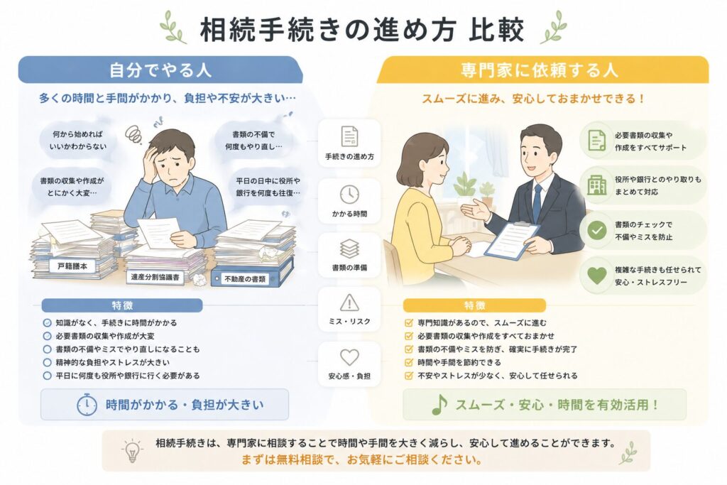 相続手続きを自分で行う場合と専門家に依頼する場合の比較図。左は書類に囲まれて困っている人物、右は専門家と相談しながらスムーズに進めている様子。