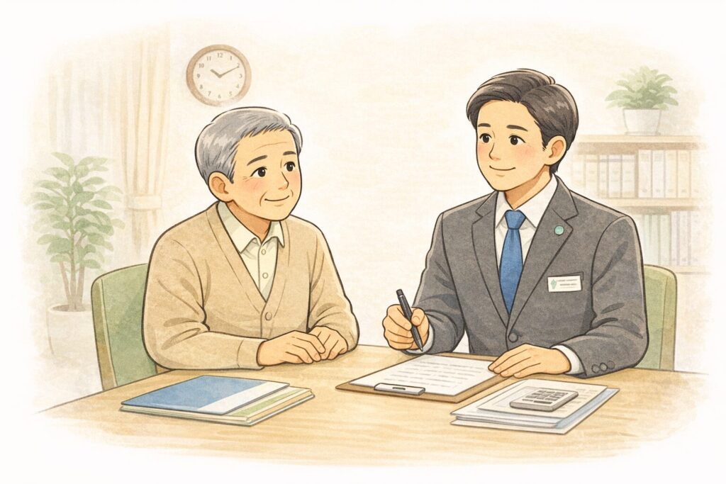 行政書士と高齢の日本人男性がテーブルで書類を見ながら安心して相談している様子
