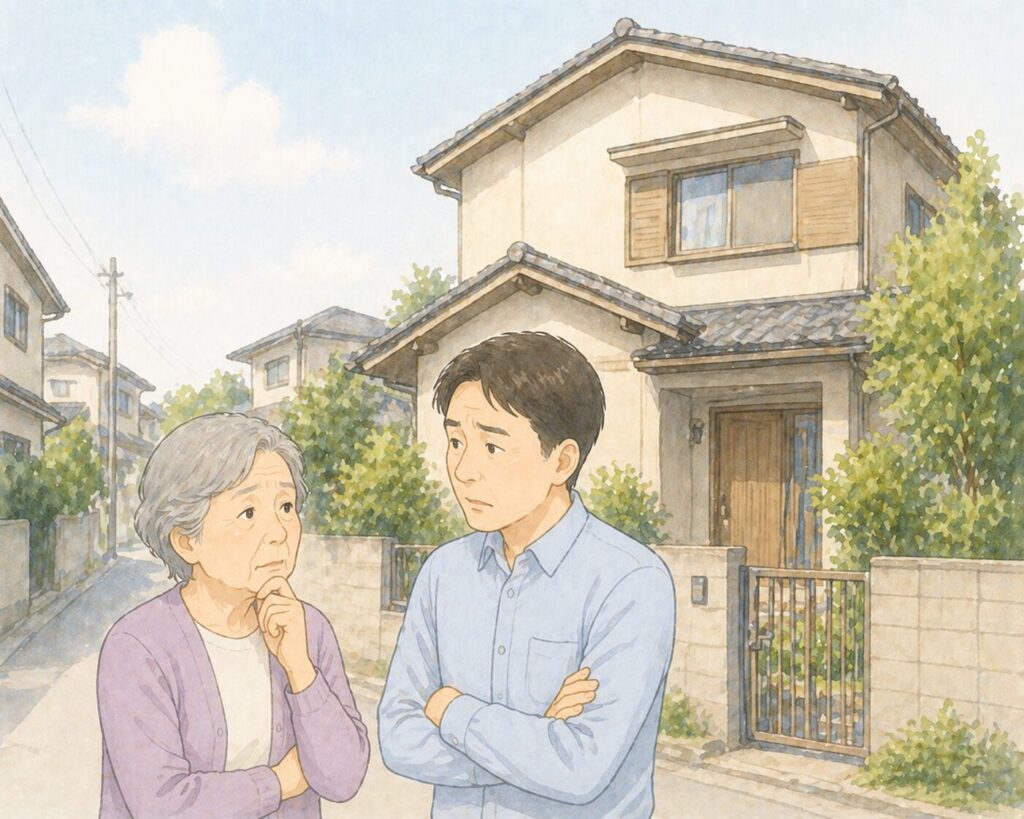 一戸建ての家の前で、今後の暮らしについて不安そうに話し合う高齢の親と成人した子ども