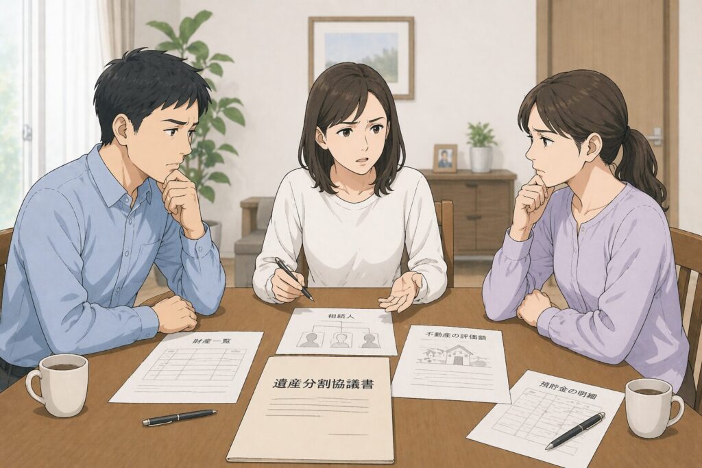 兄弟3人がテーブルを囲み、書類を見ながら遺産分割について冷静に話し合っている様子