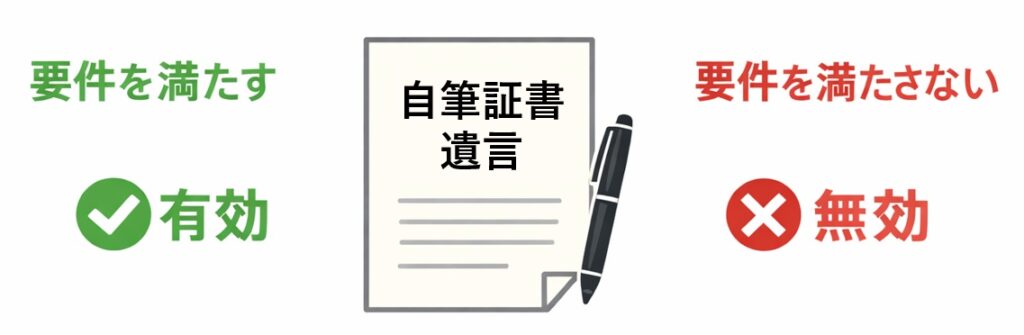 自筆証書遺言の効力を示す図解。要件を満たす場合は有効、満たさない場合は無効になることを左右で比較して説明したシンプルなインフォグラフィック。