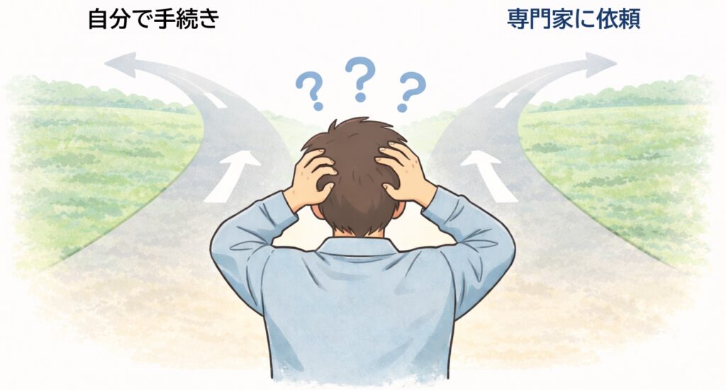 相続手続きを自分で行うか専門家に依頼するかで悩み、分岐する道の前で考えている日本人男性のイラスト