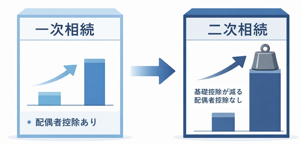 一次相続と二次相続の相続税負担の違いを比較した図解。一次相続は軽く、二次相続は基礎控除減少と配偶者控除なしにより負担が大きいことを示している。