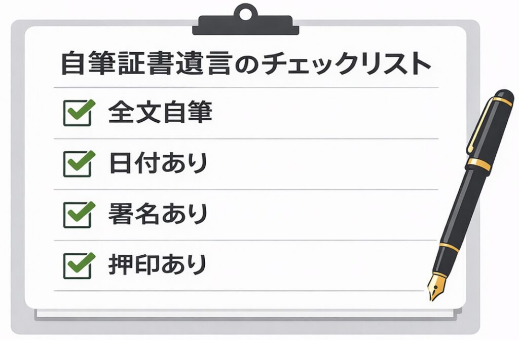 自筆証書遺言のチェックリストを示した図解。全文自筆、日付あり、署名あり、押印ありの項目をチェックボックス付きで確認できる