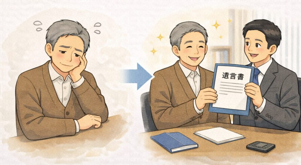 遺言について悩んでいた人物が行政書士に相談し、不安な表情から安心した表情に変わる様子を示したビフォーアフターのイラスト。