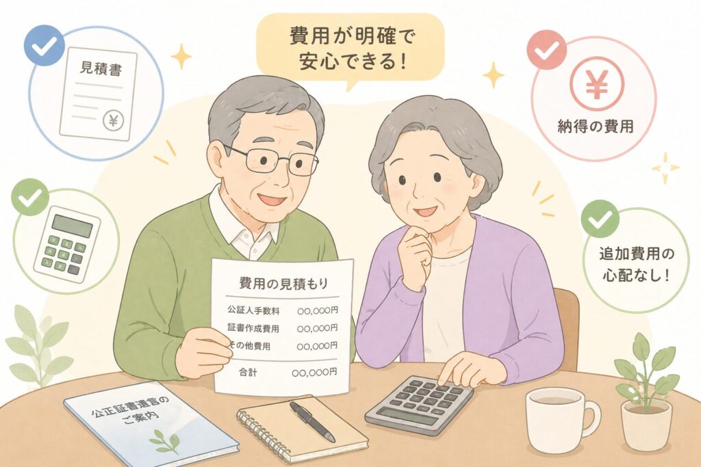 費用の見積書と電卓を見ながら安心している高齢者夫婦のイラスト