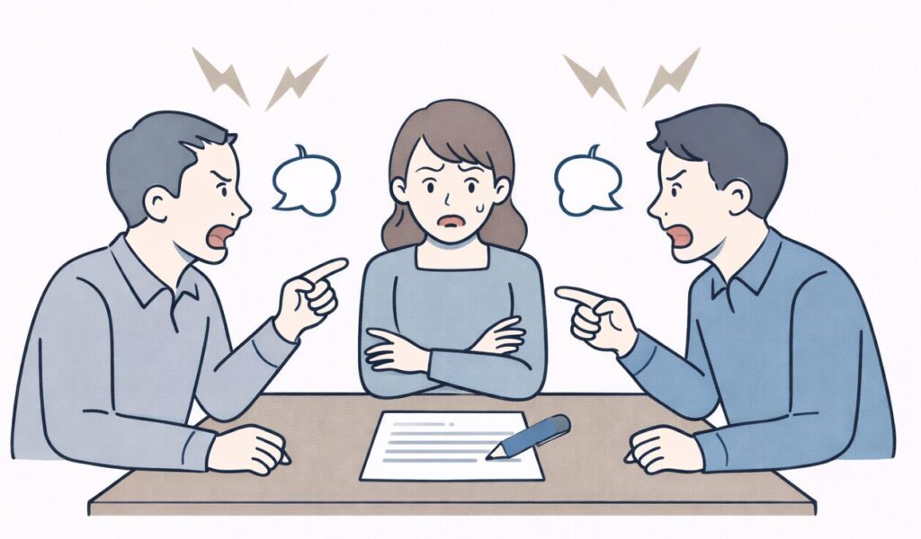 相続 トラブル 原因｜遺言書を確認せずに進めたことで家族が対立しているイメージ図